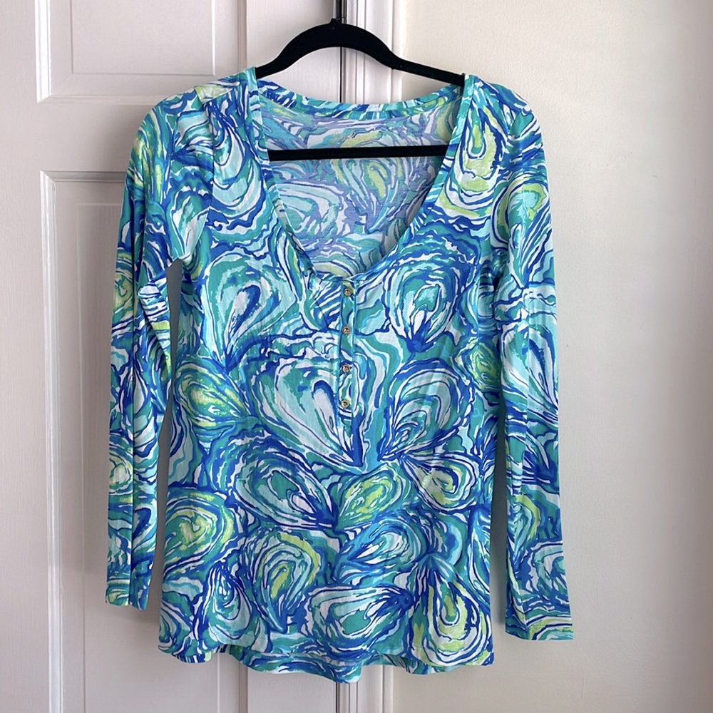 Lilly Pulitzer henley-style blue/green/teal print long sleeve tee